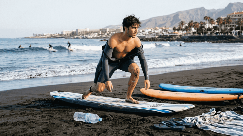 Joven que se inicia en el surf, listo para entrar al agua en una playa de Tenerife