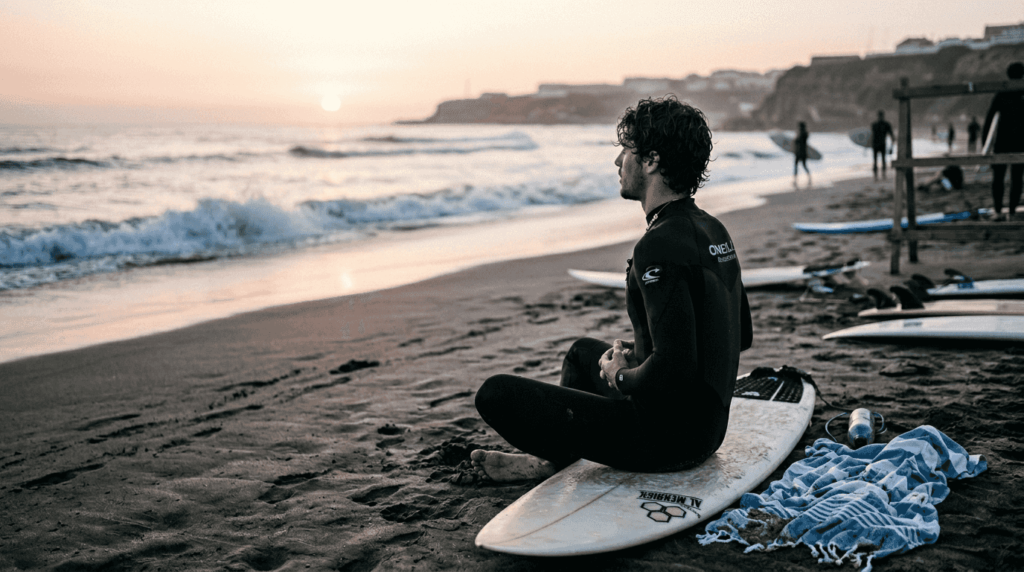 Un surfista sentado en la orilla de la playa, concentrado en sus ejercicios de respiración antes de entrar al agua.