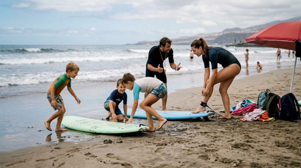 Tanto niños como adultos disfrutan del surf en la playa.