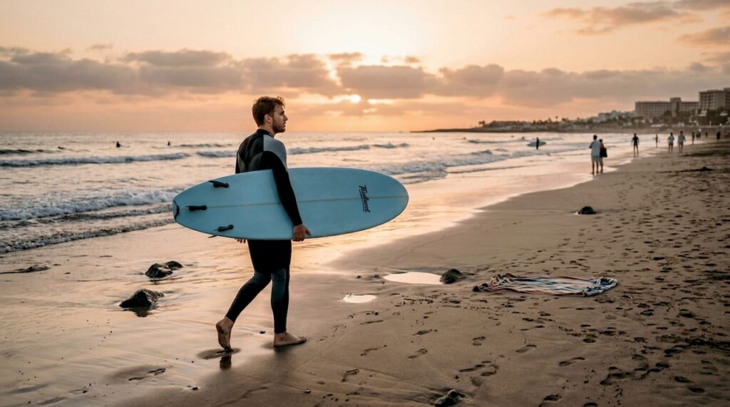 Un surfista que acaba de empezar recorre la orilla en Playa de las Américas, buscando la mejor ola para lanzarse al agua.