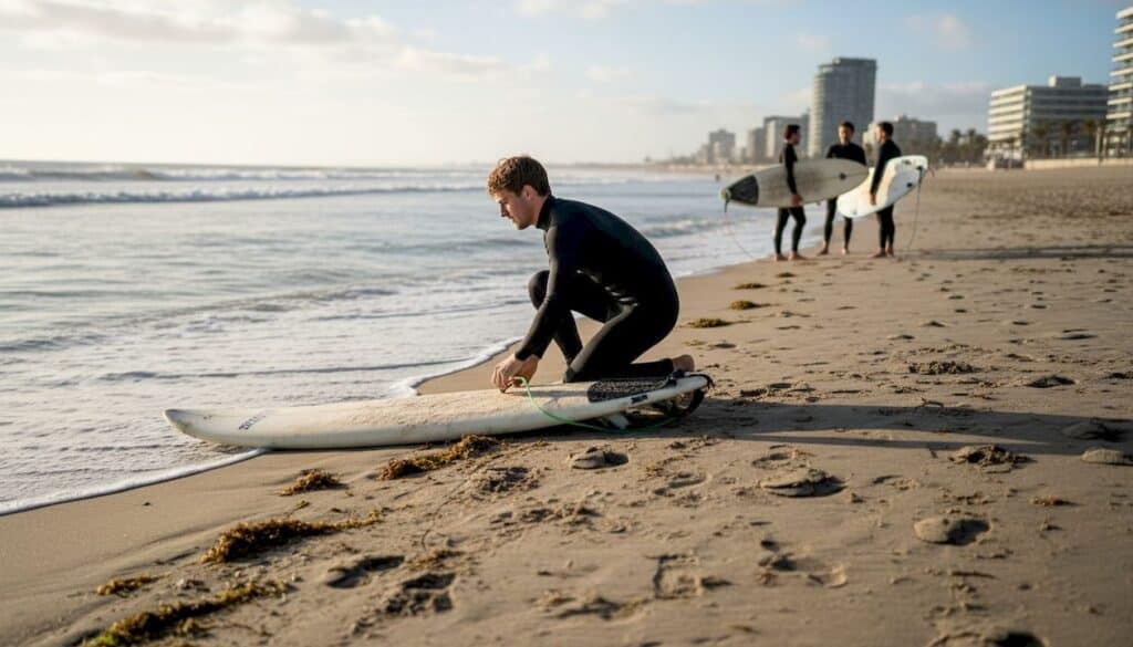 Un surfista que acaba de empezar se prepara para entrar al agua, acomodando su tabla en la orilla.