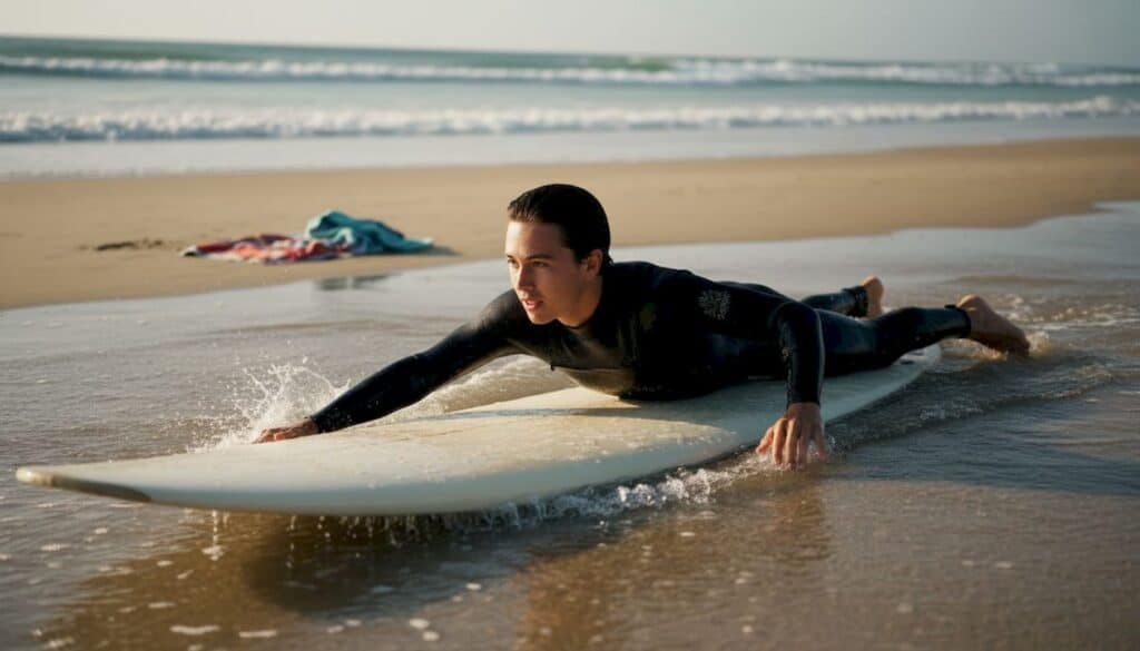 Una persona que está empezando a practicar surf, remando sobre su tabla cerca de la orilla.