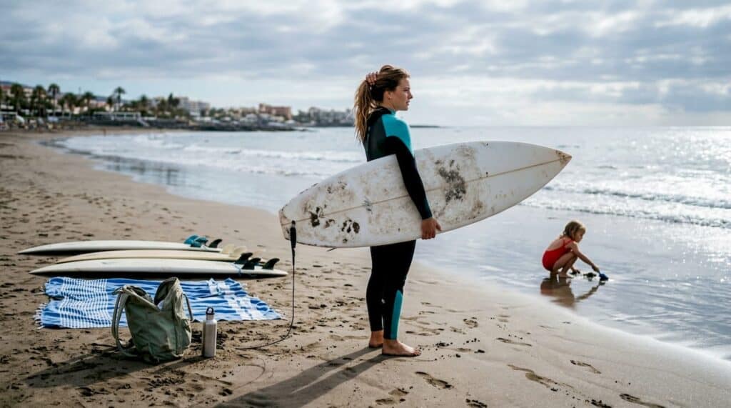 Un surfista disfrutando las olas con su tabla en una playa de Tenerife.