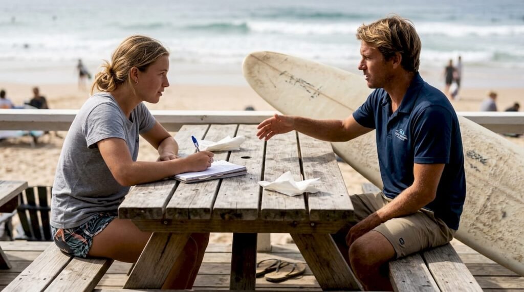 Sesión teórica de surf al aire libre en una terraza junto al mar