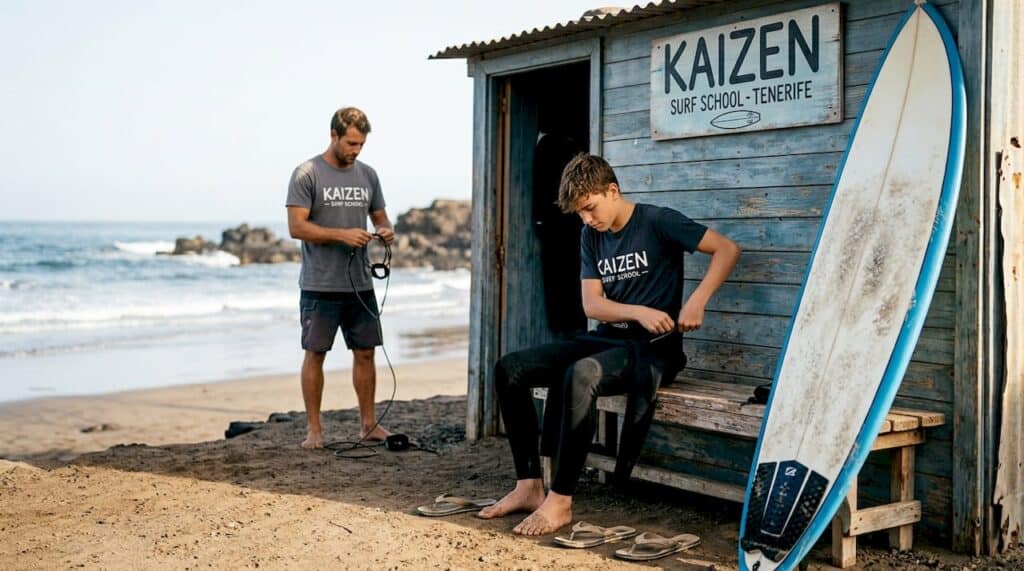Un alumno se prepara para surfear mientras organiza su equipo en una playa de Tenerife.