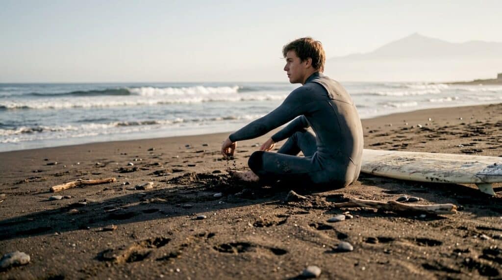 Un surfista observa atentamente el oleaje en una playa de Tenerife, preparándose para lanzarse al agua.
