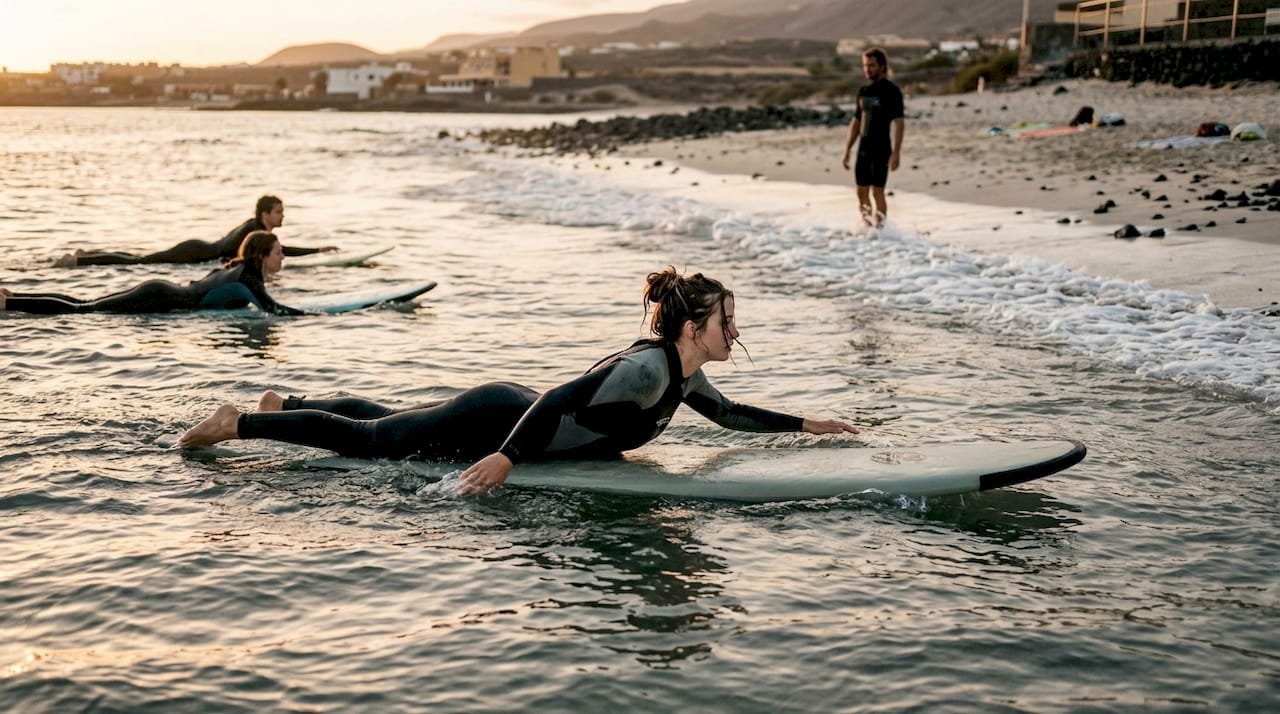 Un surfista que acaba de empezar se dirige remando hacia donde rompen las olas para esperar su turno.