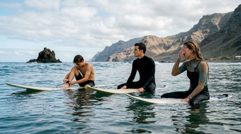 Un grupo de surfistas espera la próxima ola sentados en el pico en una playa de Tenerife.