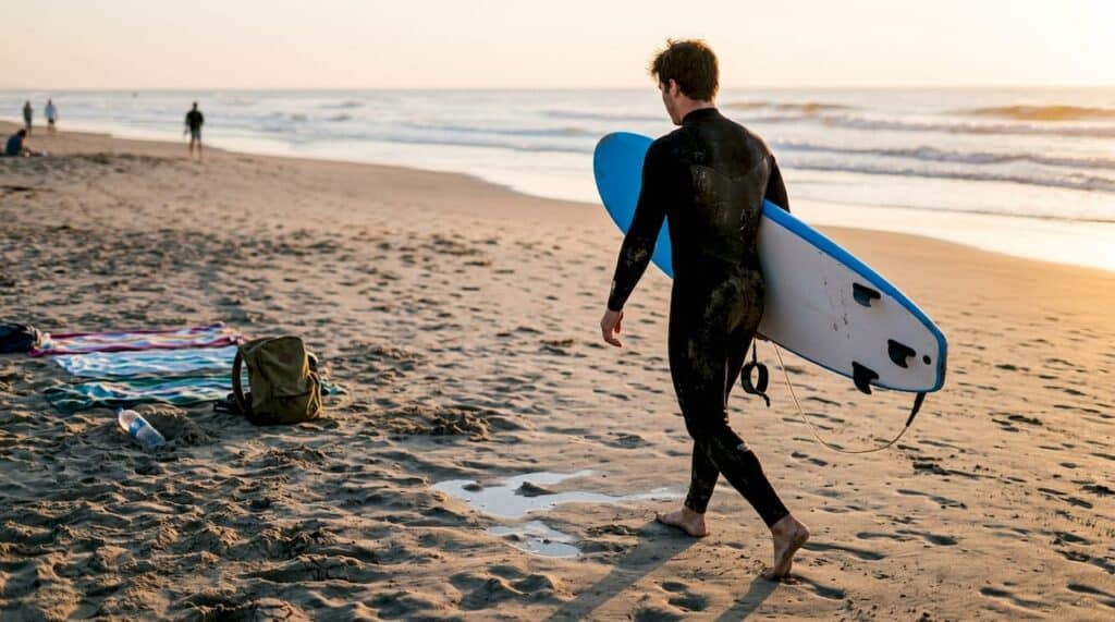 Con las primeras luces del día, un principiante del surf se dirige hacia las olas, tabla en mano, listo para enfrentarse al mar.