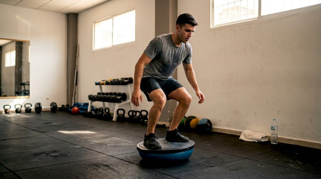 Surfista practicando su equilibrio en un gimnasio sencillo