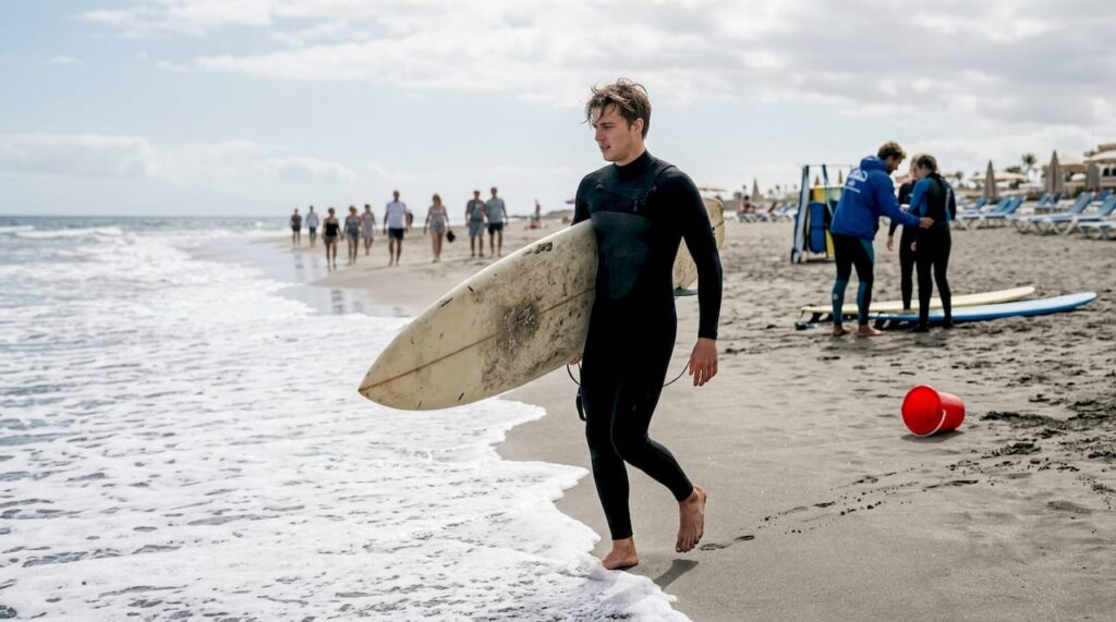 Un joven se alista con su tabla de surf antes de entrar al mar en la playa.