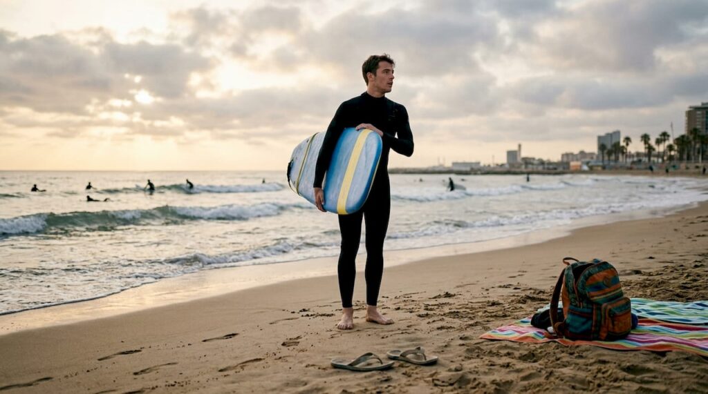 Chico joven con tabla blanda listo para meterse al agua y empezar a surfear