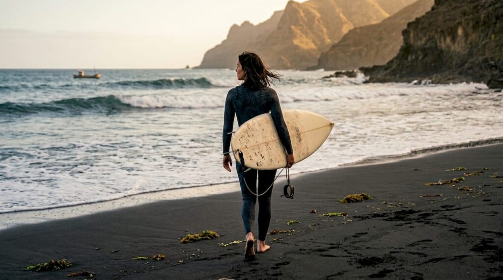 Un surfista pasea por la orilla de una playa de arena volcánica en Tenerife