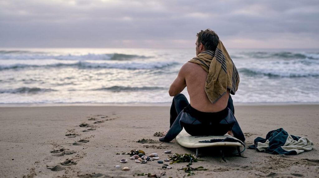 Un surfista observa sentado desde la orilla, estudiando atentamente las olas antes de entrar al agua.