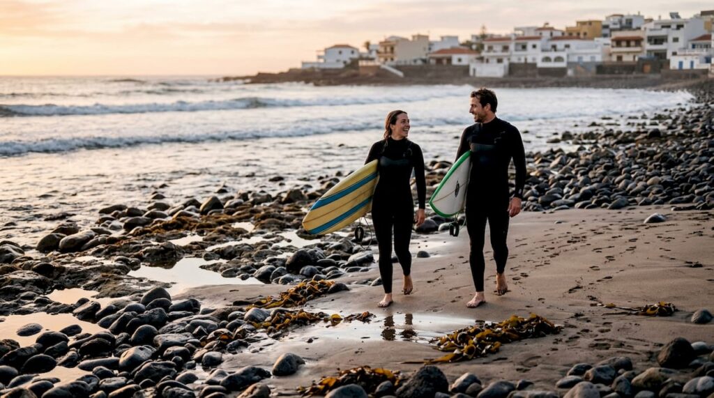 Un grupo de surfistas pasea por la playa de Tenerife, con las tablas bajo el brazo y el mar de fondo.