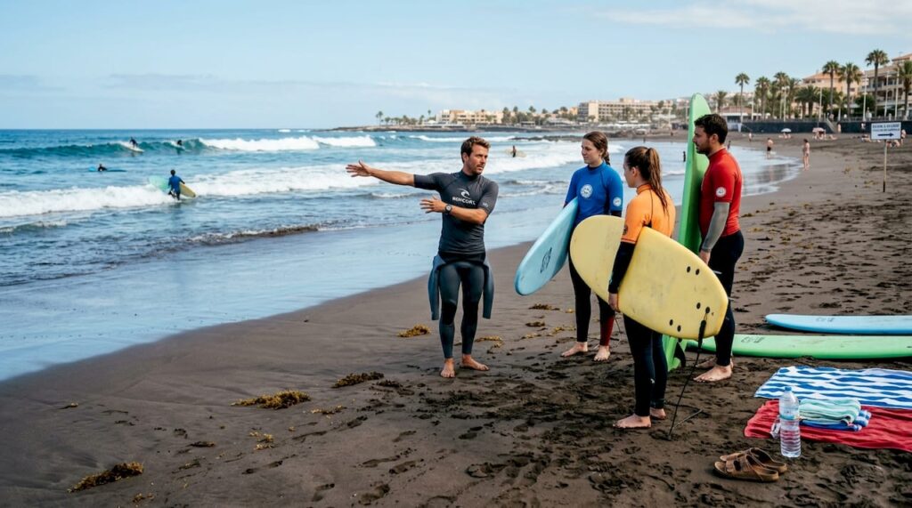 Un monitor de surf imparte clases a un grupo en una playa de Tenerife.