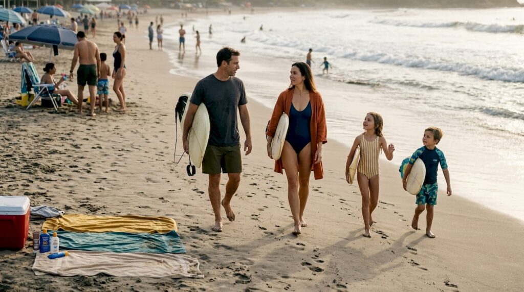 Una familia se dirige a la playa cargando sus tablas de surf, lista para disfrutar del mar.