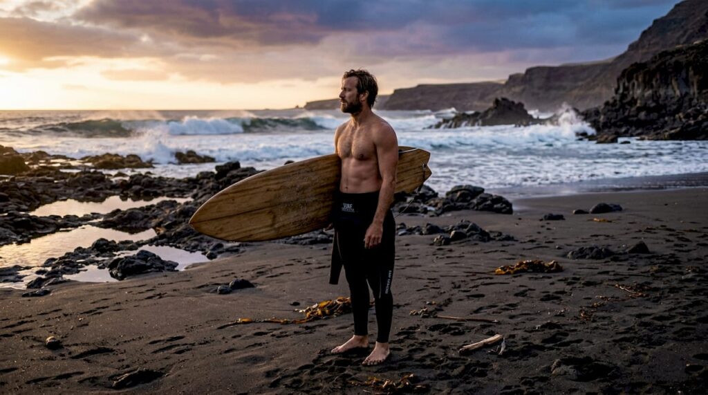 Un surfista contempla las olas desde la playa, evaluando el mar antes de entrar al agua.