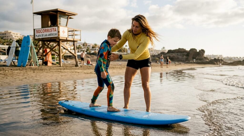 Un monitor de surf acompaña a un niño mientras aprende a dominar las olas en una playa de Tenerife.