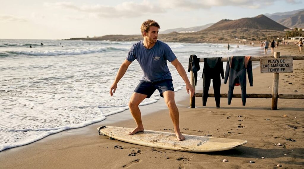 Un surfista practica su postura sobre la arena de la playa.