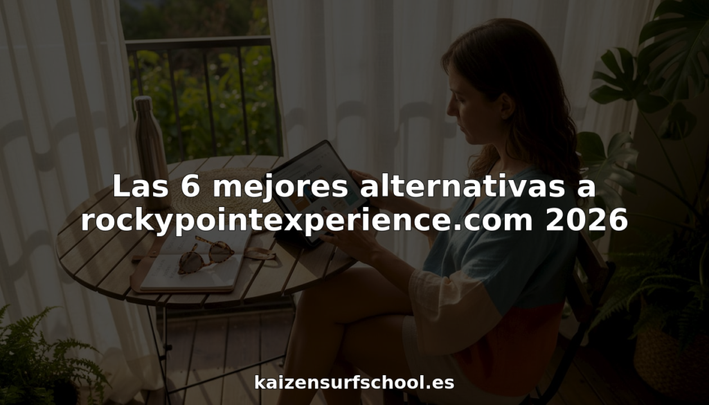Una mujer evalúa y compara diferentes escuelas de surf en Tenerife desde su lugar de trabajo.