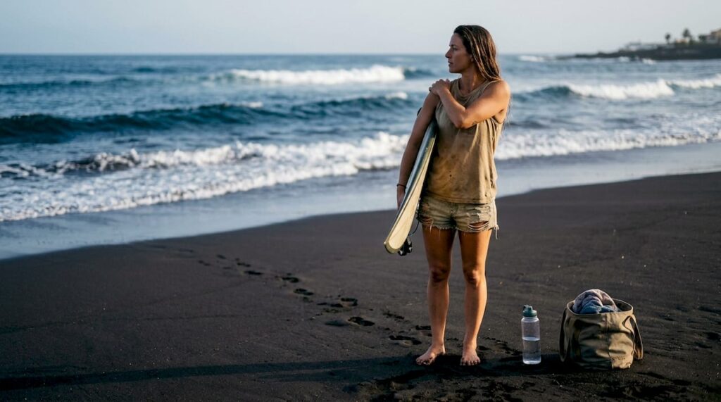Un surfista se prepara para entrar al agua estirando junto a su tabla en una playa de Tenerife.