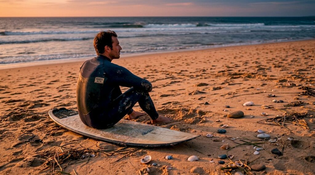 Un surfista contempla el mar mientras amanece en la playa.