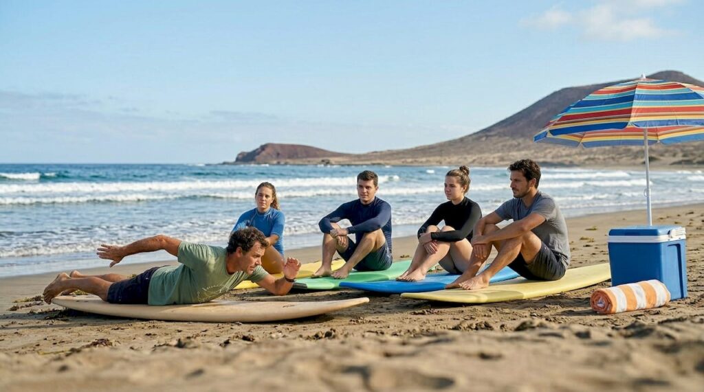 Monitor de surf impartiendo una clase en la playa de Tenerife