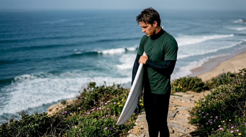 Surfista observando el mar desde un mirador para decidir cuál ola tomar